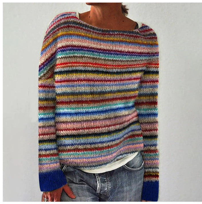 Women's Striped Crew Neck Knit Sweater