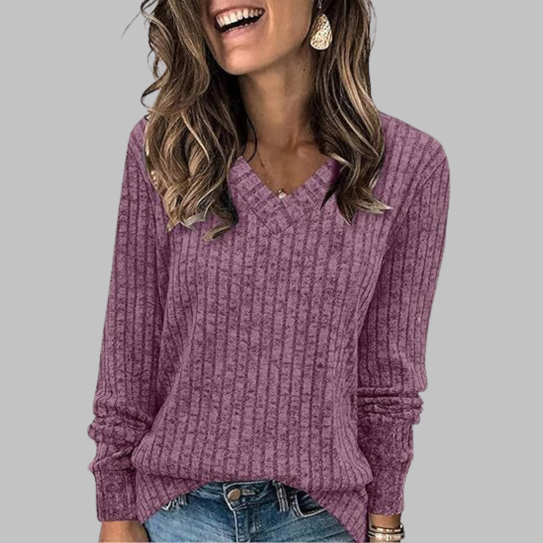 Women's Ribbed V-Neck Long Sleeve Sweater