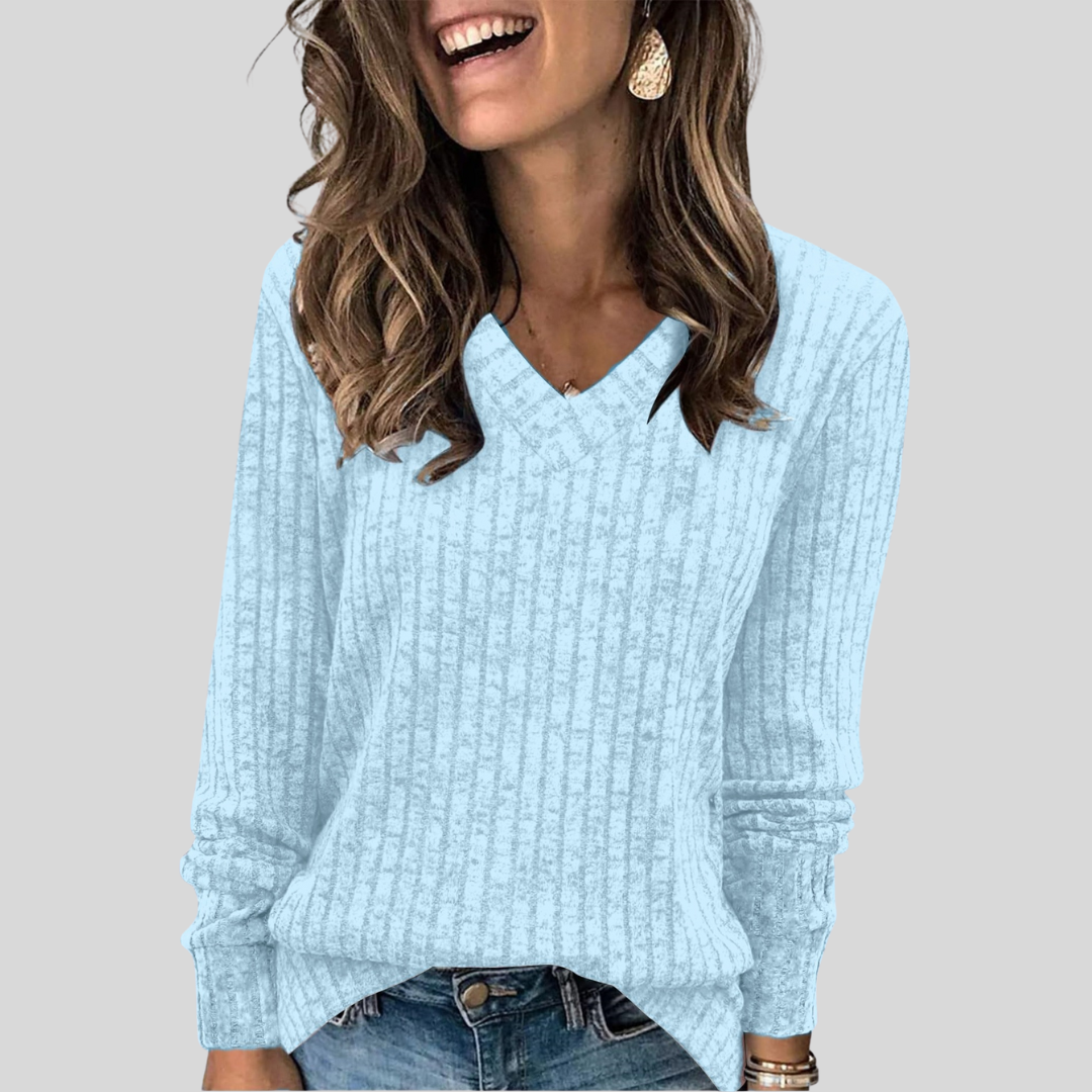 Women's Ribbed V-Neck Long Sleeve Sweater