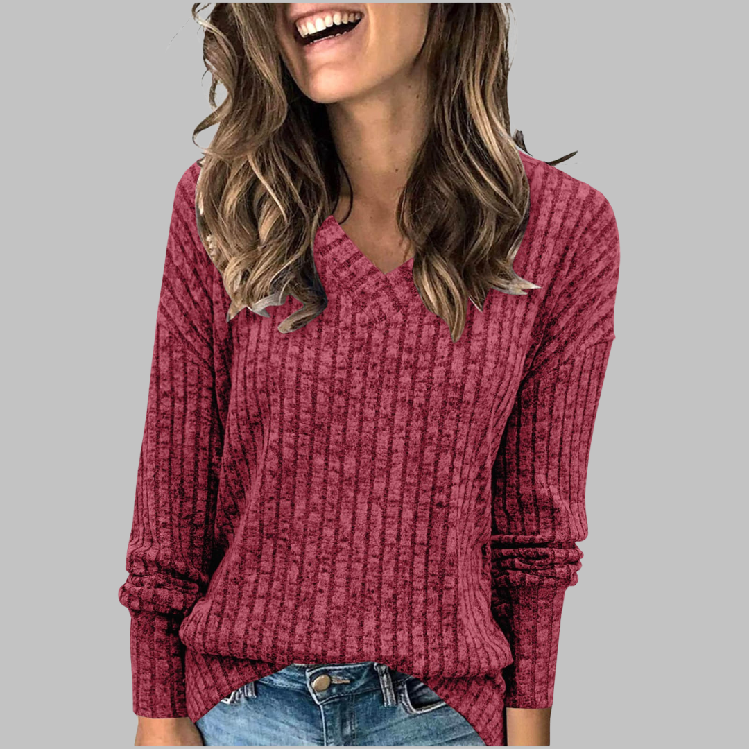 Women's Ribbed V-Neck Long Sleeve Sweater