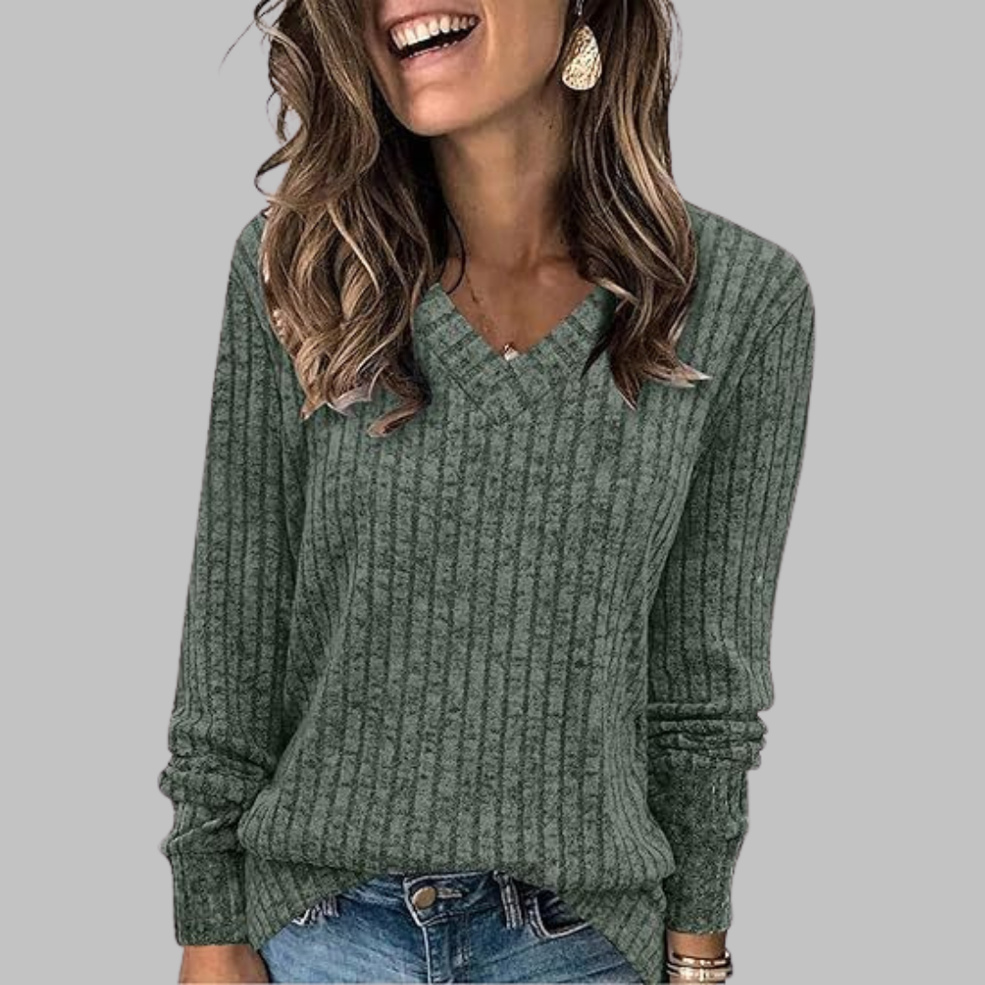 Women's Ribbed V-Neck Long Sleeve Sweater