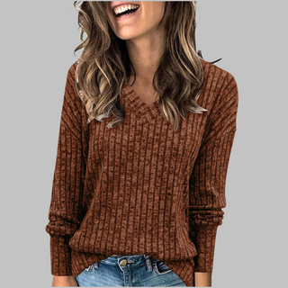 Women's Ribbed V-Neck Long Sleeve Sweater