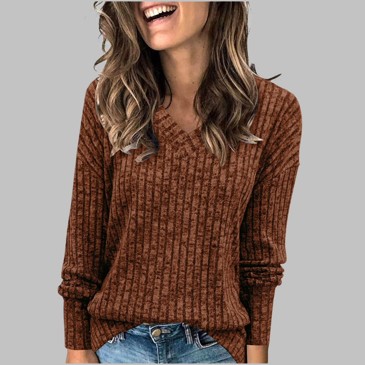 Women's Ribbed V-Neck Long Sleeve Sweater
