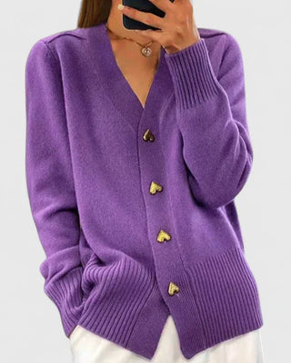 Women's Soft-Knit V-Neck Heart Button Cardigan