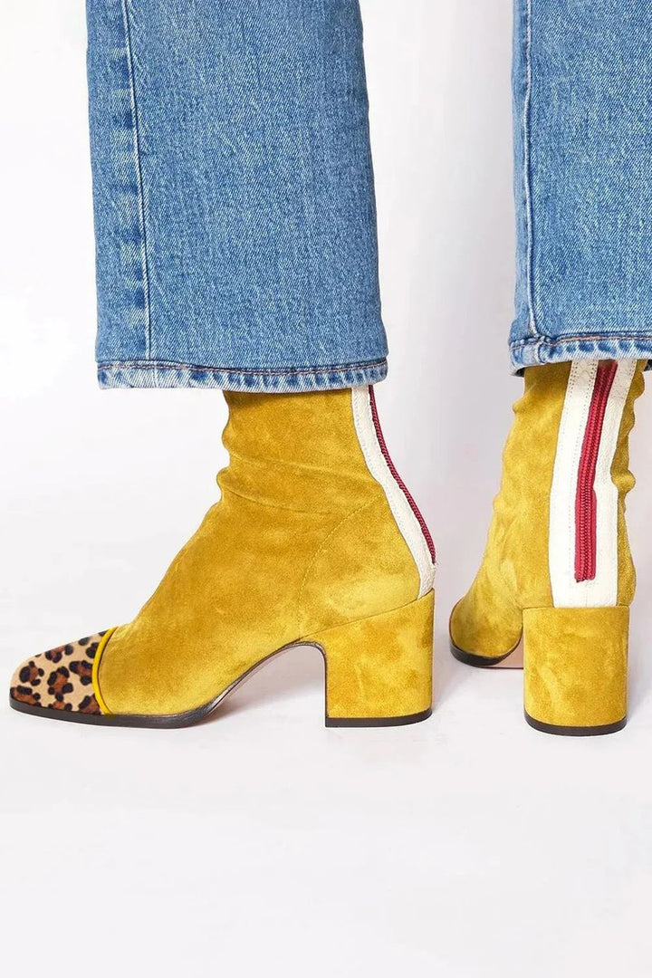 Amelia | Women's Block-Heel Suede Leopard-Toe Ankle Boots