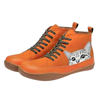 Sophia | Women's Cat Print Lace-Up High-Top Leather Ankle Boots