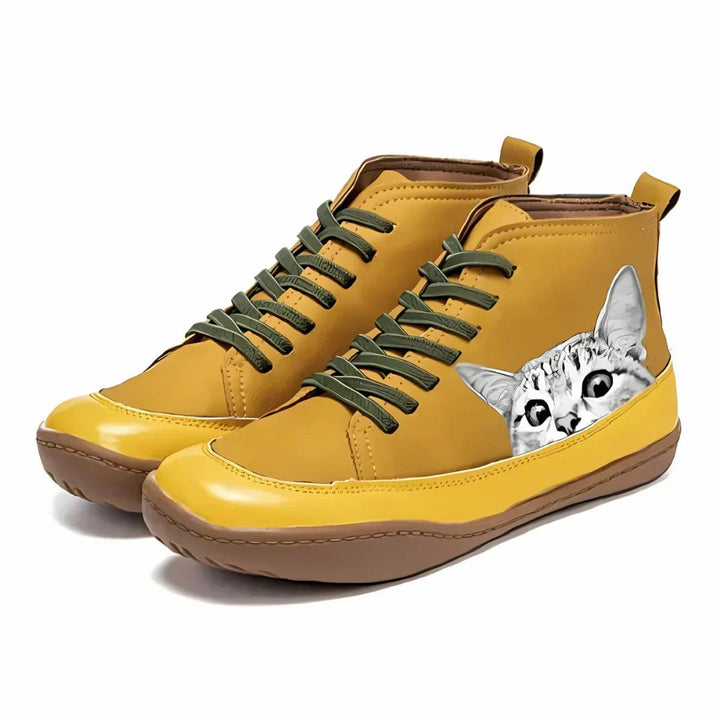 Sophia | Women's Cat Print Lace-Up High-Top Leather Ankle Boots