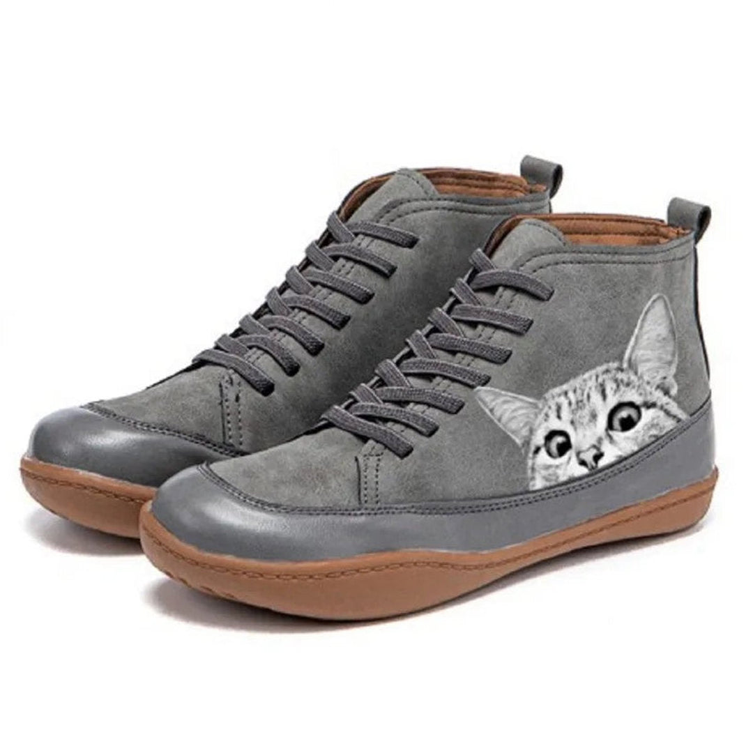 Sophia | Women's Cat Print Lace-Up High-Top Leather Ankle Boots