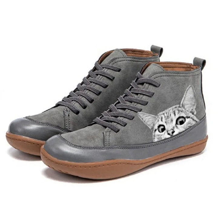 Sophia | Women's Cat Print Lace-Up High-Top Leather Ankle Boots