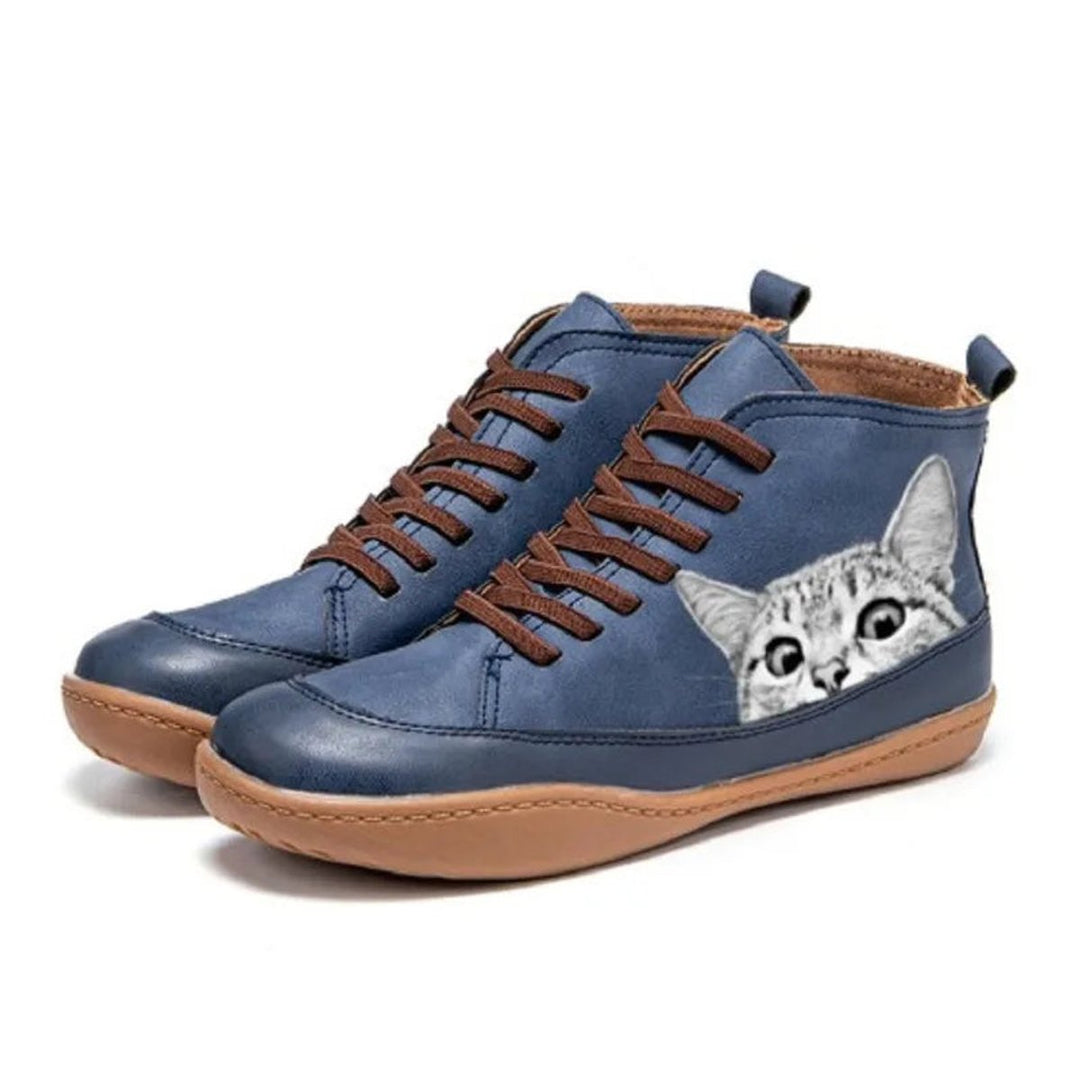 Sophia | Women's Cat Print Lace-Up High-Top Leather Ankle Boots