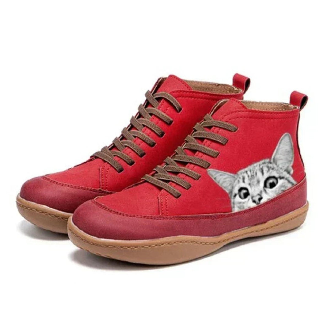 Sophia | Women's Cat Print Lace-Up High-Top Leather Ankle Boots