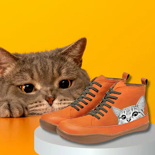 Sophia | Women's Cat Print Lace-Up High-Top Leather Ankle Boots