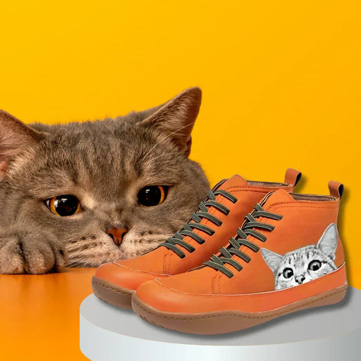 Sophia | Women's Cat Print Lace-Up High-Top Leather Ankle Boots