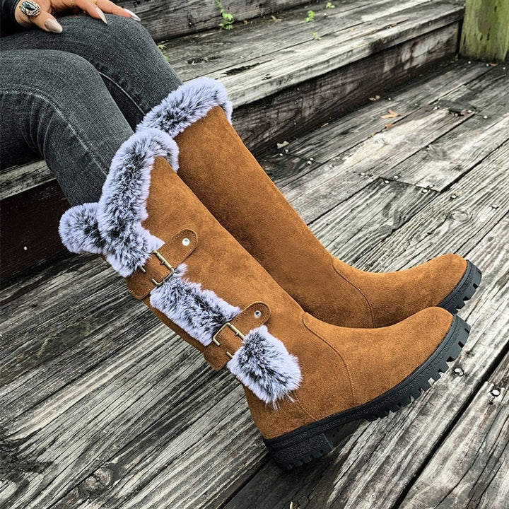 Harper | Women's Faux-Suede Fur-Trim Buckle Knee High Boots