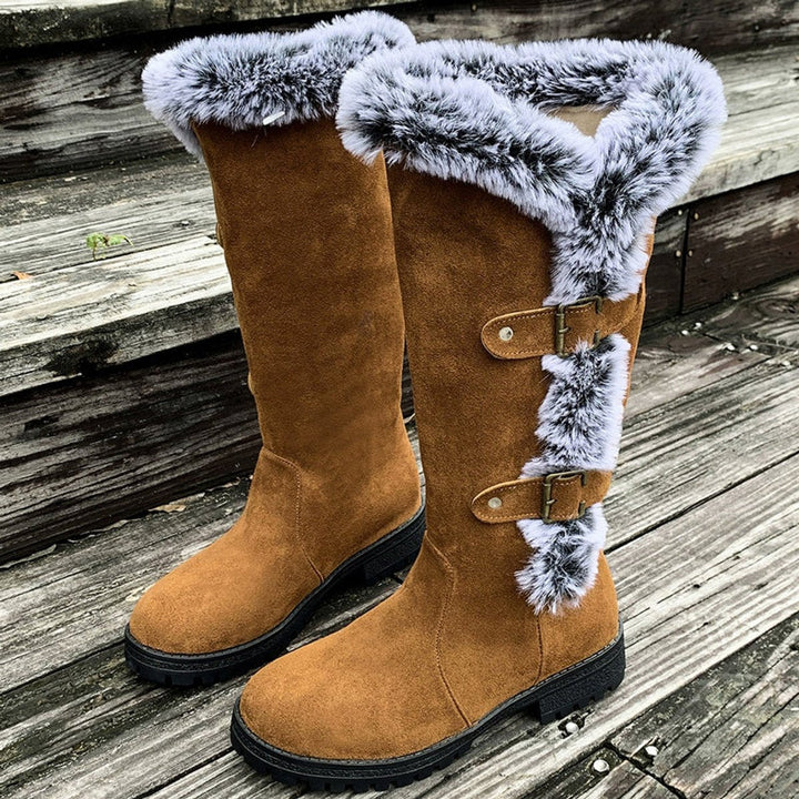 Harper | Women's Faux-Suede Fur-Trim Buckle Knee High Boots
