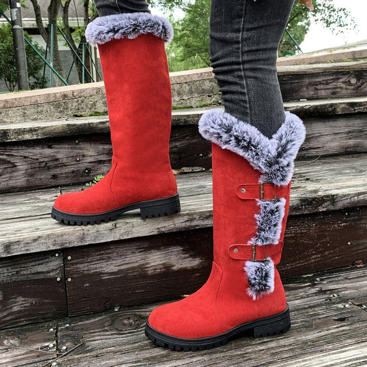 Harper | Women's Faux-Suede Fur-Trim Buckle Knee High Boots