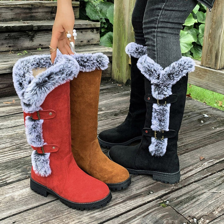 Harper | Women's Faux-Suede Fur-Trim Buckle Knee High Boots