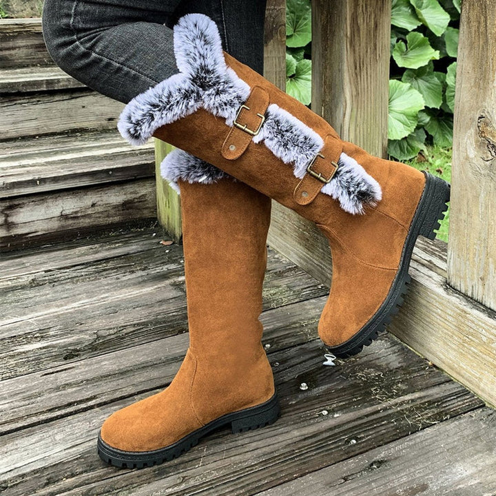 Harper | Women's Faux-Suede Fur-Trim Buckle Knee High Boots