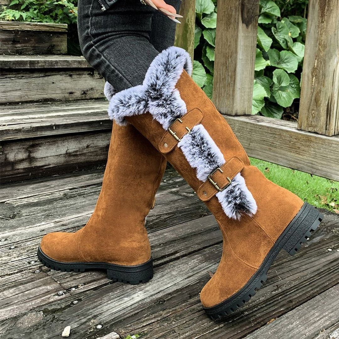 Harper | Women's Faux-Suede Fur-Trim Buckle Knee High Boots
