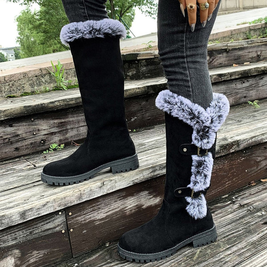 Harper | Women's Faux-Suede Fur-Trim Buckle Knee High Boots