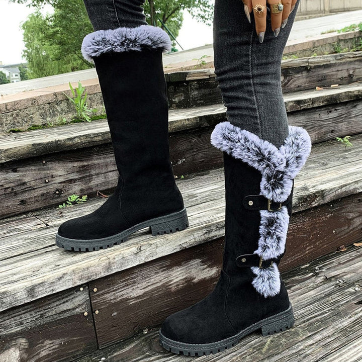 Harper | Women's Faux-Suede Fur-Trim Buckle Knee High Boots