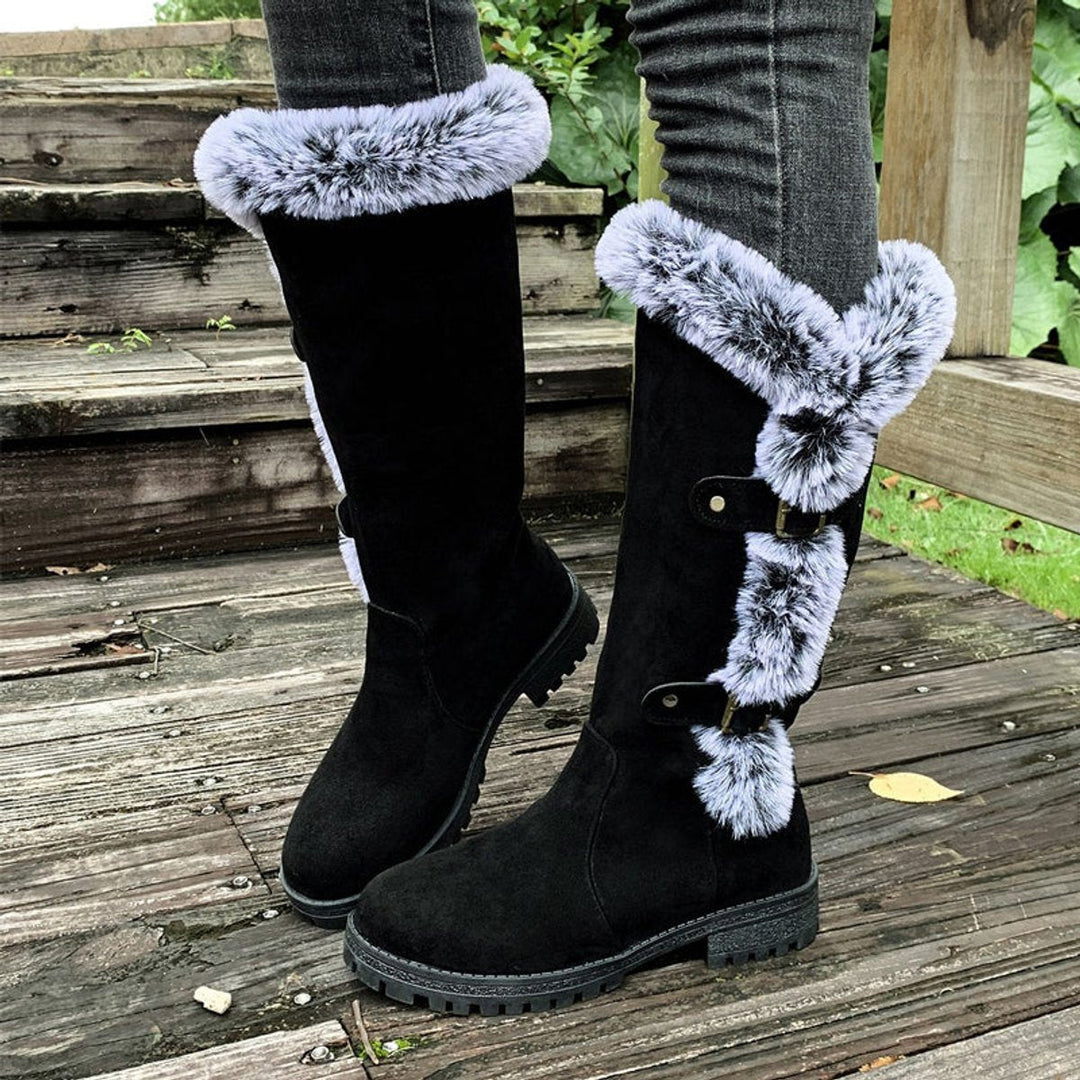 Harper | Women's Faux-Suede Fur-Trim Buckle Knee High Boots