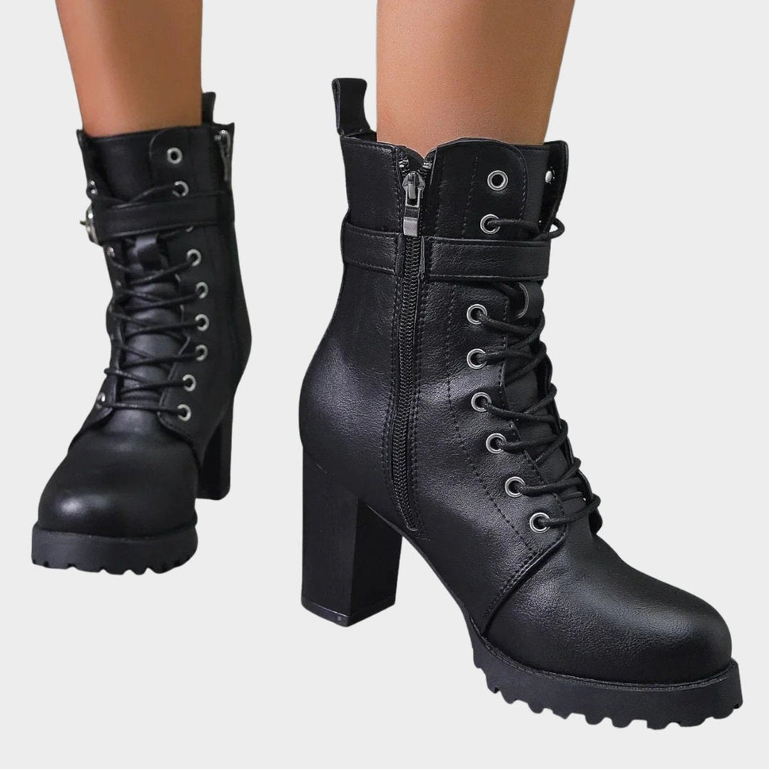 Harper | Women's Lace-Up Block-Heel Combat Ankle Boots Buckle Strap