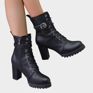 Harper | Women's Lace-Up Block-Heel Combat Ankle Boots Buckle Strap