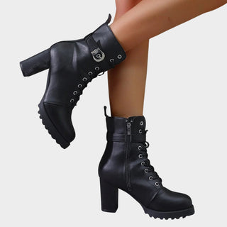 Harper | Women's Lace-Up Block-Heel Combat Ankle Boots Buckle Strap
