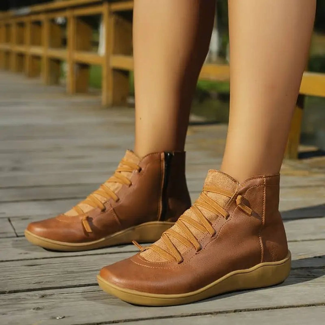 Isabella | Women's Lace-Up Side-Zip Flat Leather ankle boots