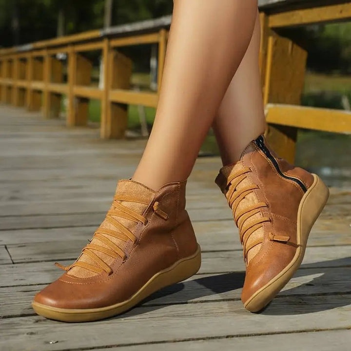 Isabella | Women's Lace-Up Side-Zip Flat Leather ankle boots