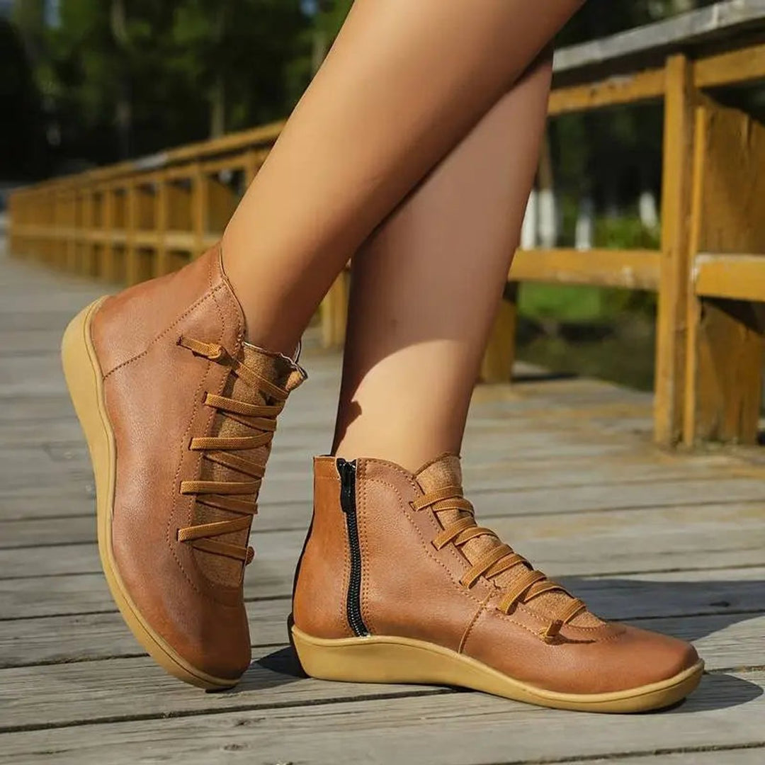 Isabella | Women's Lace-Up Side-Zip Flat Leather ankle boots