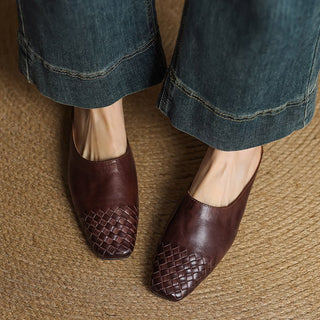 Aria | Women's Leather Mules Square Toe Woven Slip-On Flats