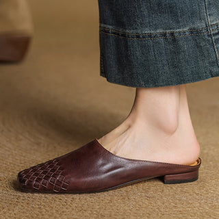 Aria | Women's Leather Mules Square Toe Woven Slip-On Flats