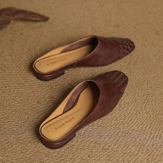 Aria | Women's Leather Mules Square Toe Woven Slip-On Flats