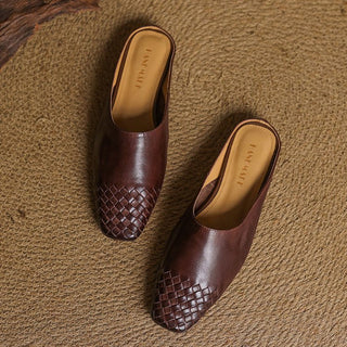 Aria | Women's Leather Mules Square Toe Woven Slip-On Flats