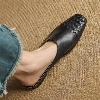 Aria | Women's Leather Mules Square Toe Woven Slip-On Flats