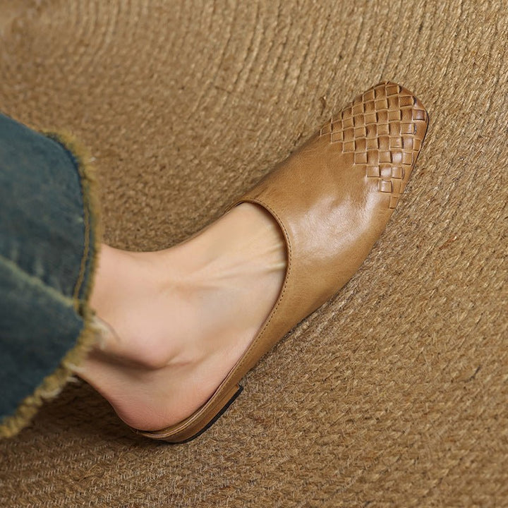 Aria | Women's Leather Mules Square Toe Woven Slip-On Flats