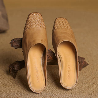 Aria | Women's Leather Mules Square Toe Woven Slip-On Flats
