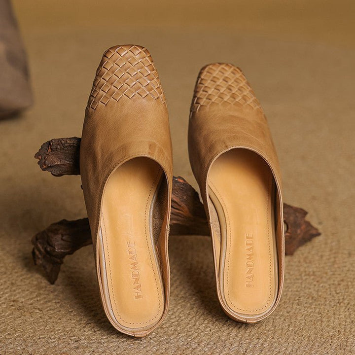 Aria | Women's Leather Mules Square Toe Woven Slip-On Flats