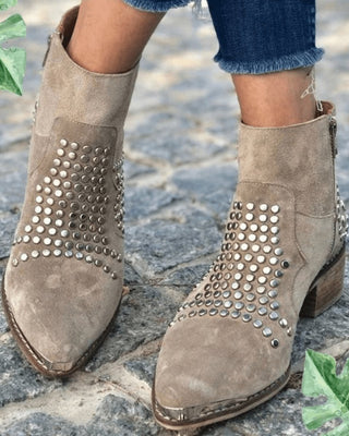 Evelyn | Women's Studded Suede Side-Zip Block-Heel Ankle Boots