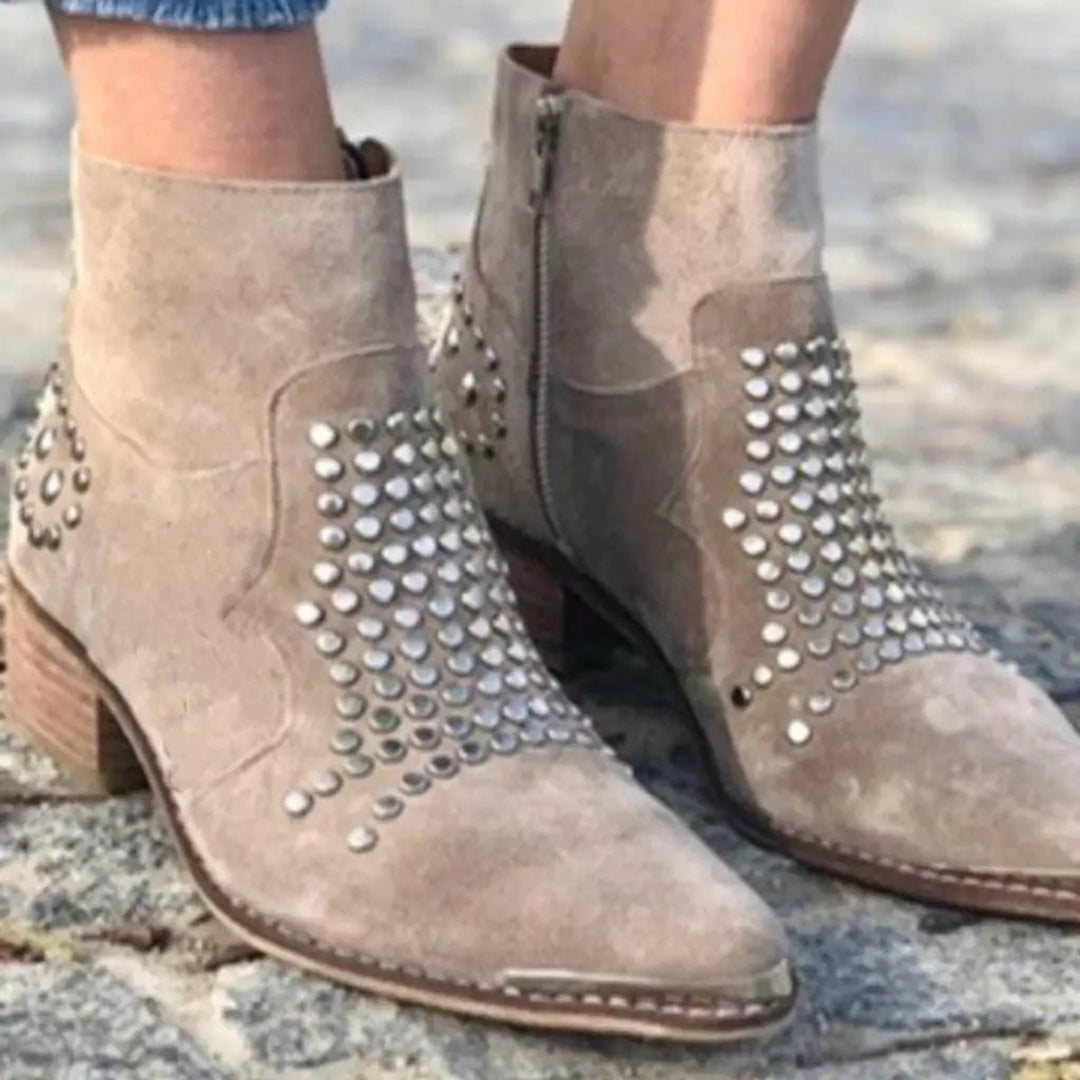Evelyn | Women's Studded Suede Side-Zip Block-Heel Ankle Boots
