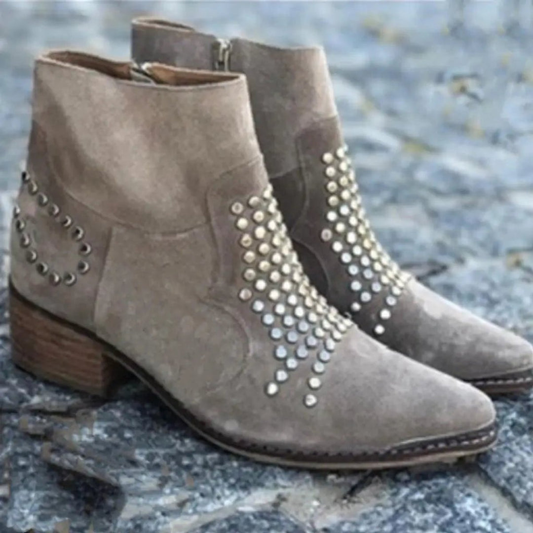 Evelyn | Women's Studded Suede Side-Zip Block-Heel Ankle Boots