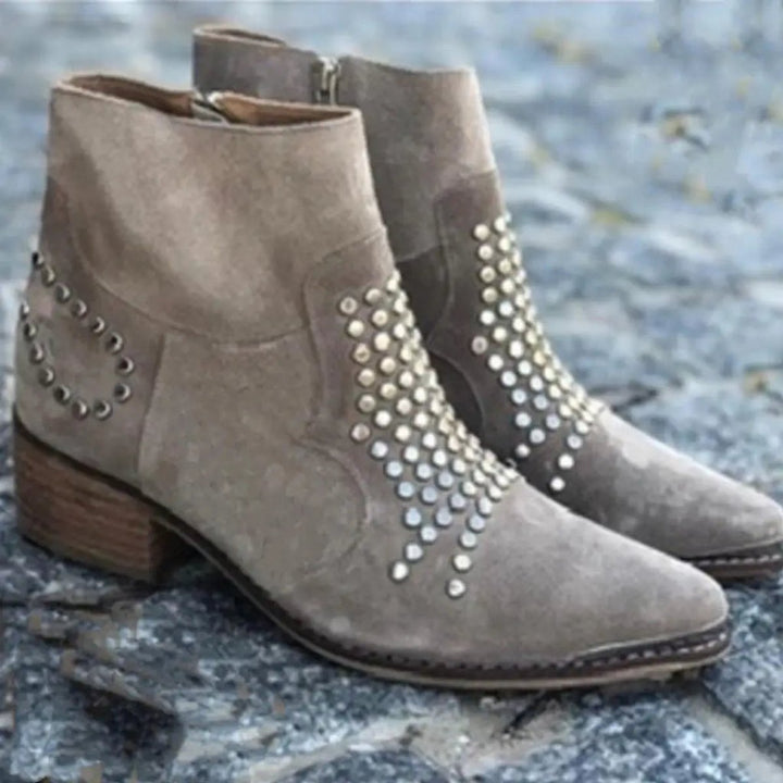 Evelyn | Women's Studded Suede Side-Zip Block-Heel Ankle Boots