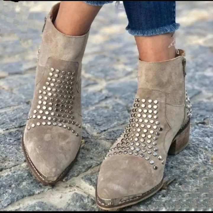 Evelyn | Women's Studded Suede Side-Zip Block-Heel Ankle Boots