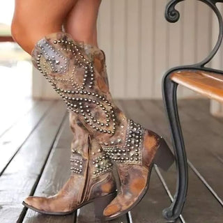 Victoria | Women's Studded Western Knee High Boots Block Heel Pointed Toe
