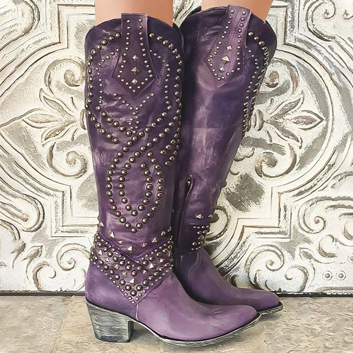 Victoria | Women's Studded Western Knee High Boots Block Heel Pointed Toe