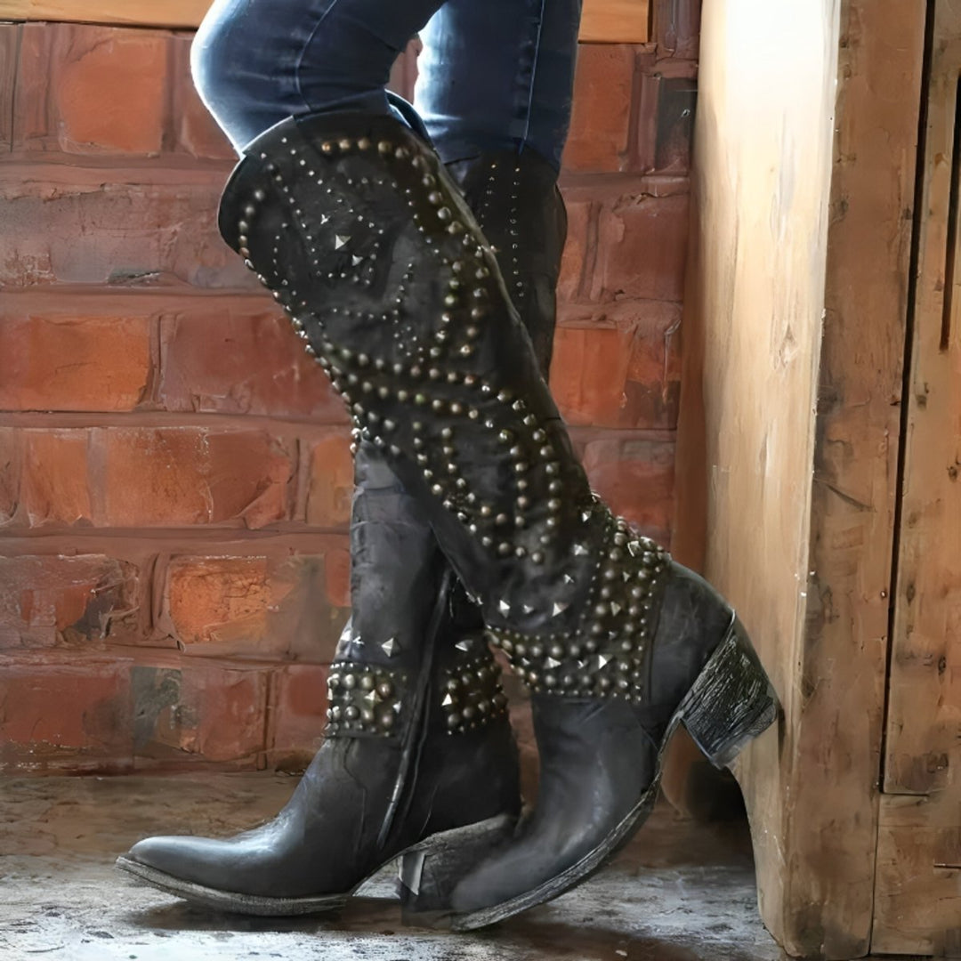 Victoria | Women's Studded Western Knee High Boots Block Heel Pointed Toe