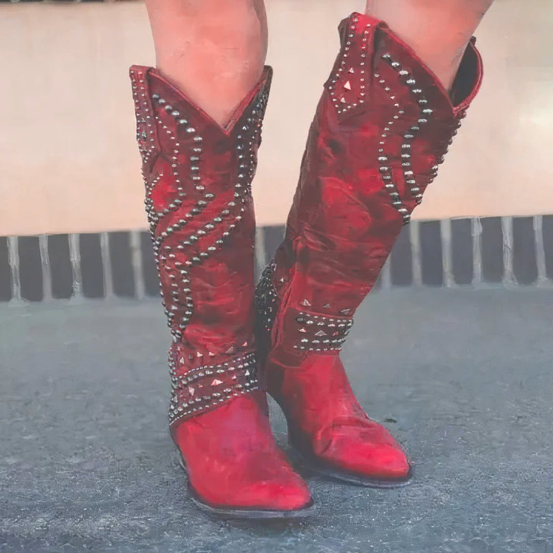 Victoria | Women's Studded Western Knee High Boots Block Heel Pointed Toe