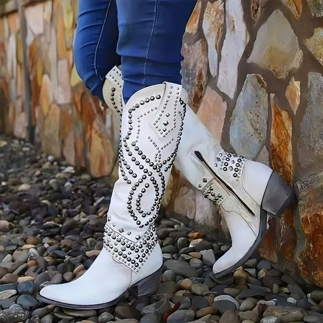 Victoria | Women's Studded Western Knee High Boots Block Heel Pointed Toe
